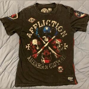 Men’s Affliction Black T-Shirt with Skull and Crossbones Design
